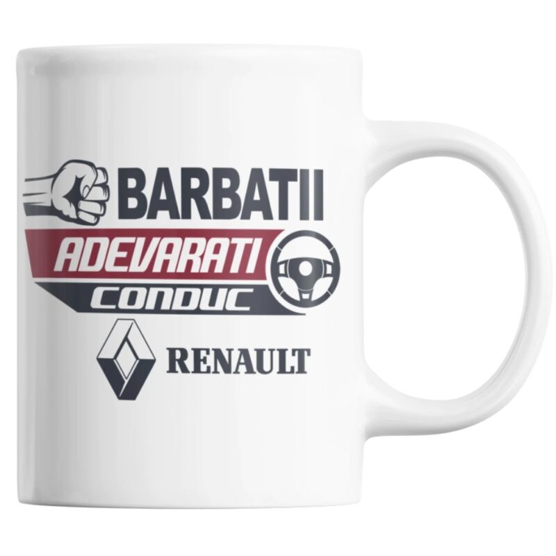 Cana personalizata ceramica alba "Barbatii adevarati conduc Renault", 330 ml