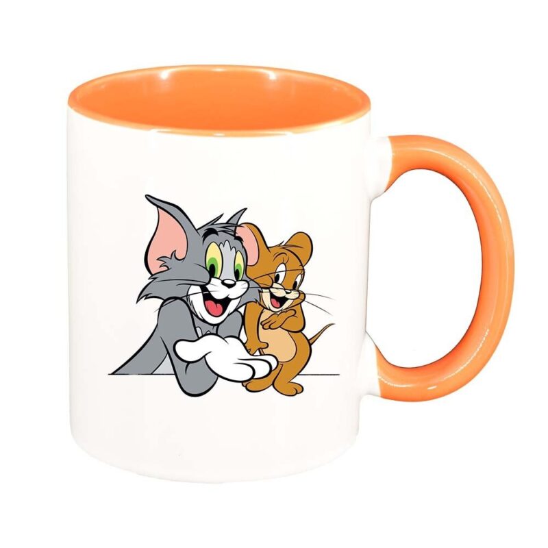 Cana personalizata ceramica alba Cartoon, Tom&Jerry, cu interior portocaliu, 330 ml