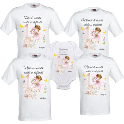 Set 4 tricouri si 1 body personalizate Aniversare 1 an, Taiere Mot, Turta, Fetita cu flori, My Way, CRLA33, Roz, 100% bumbac, S