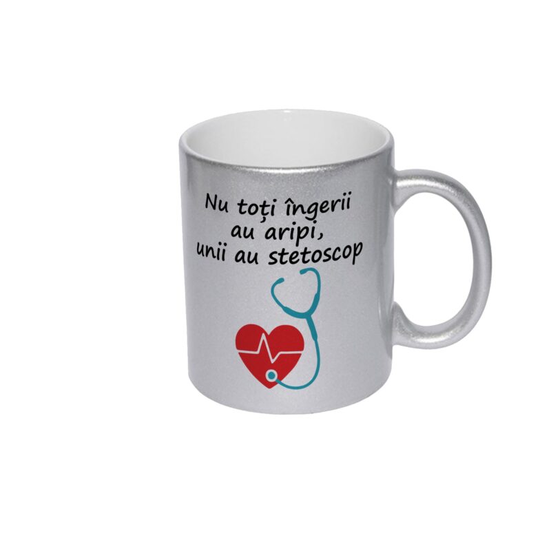 Cana sidefata argintie personalizata Nu toti ingerii au aripi unii au stetoscop, 330 ml, Pop Radu Daniel II