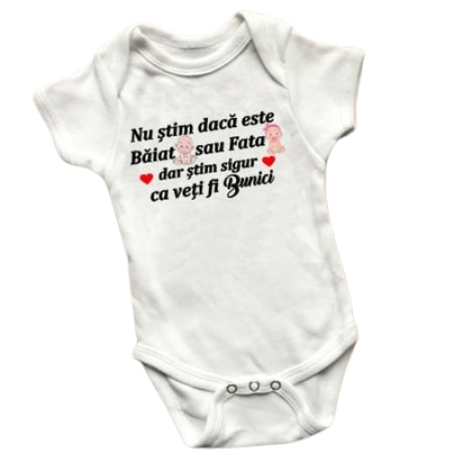 Body bebe cu mesajul ''Nu stim sigur daca este baiat sau fata, dar stim sigur ca veti fi bunici'' alb, 100% bumbac, 0-3 luni