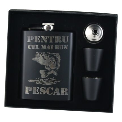Set cadou "Pentru cel mai bun Pescar", plosca, palnie si 2 pahare