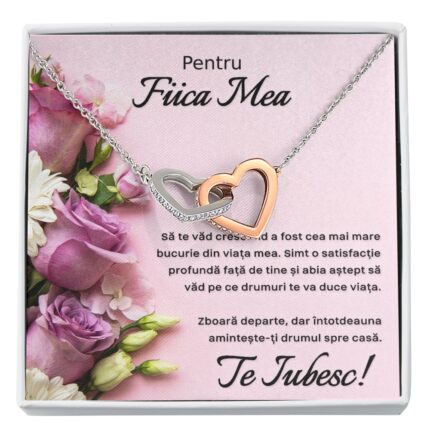 Set Colier Cu Pandant Inimi Interconectate, Placat Cu Aur Alb 14K, JOYSTOS, Si Card Foto Cu Mesaj Pentru Fiica "Pentru Fiica Mea. Te Iubesc"