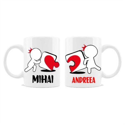 Set 2 cani personalizate cu nume pentru cuplu model 2, multicolor, 330 ml