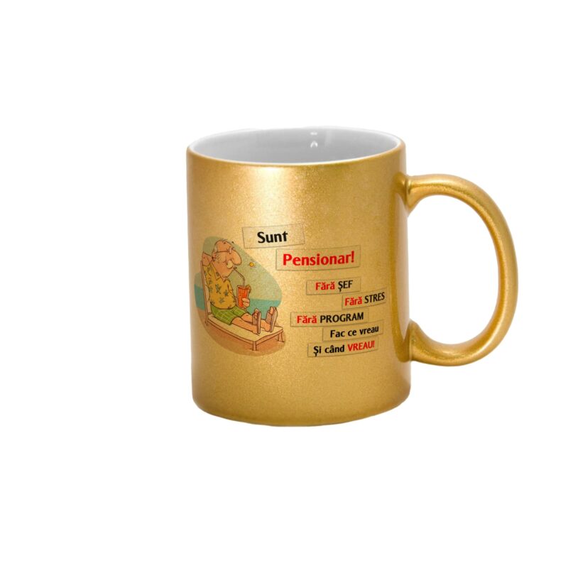 Cana sidefata aurie personalizata cu mesaj Sunt Pensionar, 330 ml, Pop Radu Daniel II