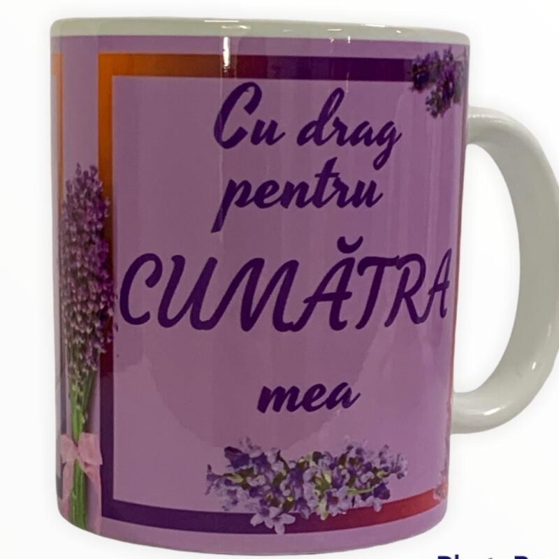 Cana personalizata "Cu drag pentru Cumatra mea", model lavanda, 330 ml