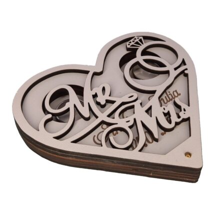Cutie de verighete, Mr & Mrs, Personalizata, Inima, Lemn, Alb, CTV001