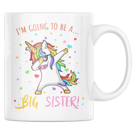 Cana personalizata pentru surioara mai mare, Priti Global, cu unicorn haios, "I'm going to be a big sister", 300 ml