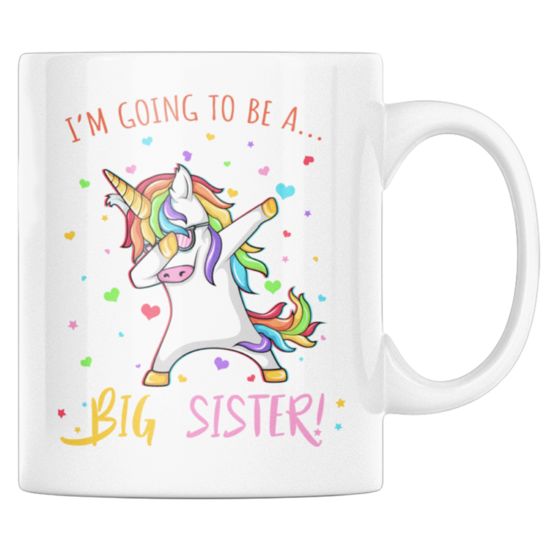 Cana personalizata pentru surioara mai mare, Priti Global, cu unicorn haios, "I'm going to be a big sister", 300 ml