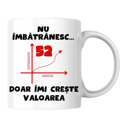 Cana personalizata - Nu imbatranesc, 52 de ani, doar imi creste valoarea, alba, 330 ml