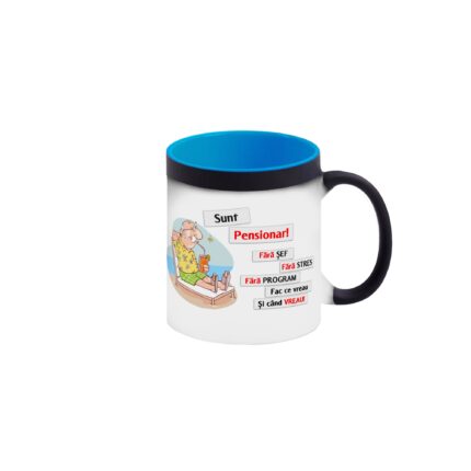 Cana termosensibila neagra cu interior albastru personalizata cu mesaj Sunt Pensionar, 330 ml, Pop Radu Daniel II