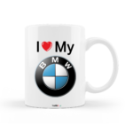 Cana personalizata pentru entuziasti auto, cu mesajul "I love my BMW", ceramica alba, 330 ml