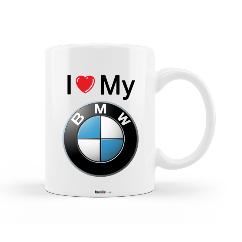 Cana personalizata pentru entuziasti auto, cu mesajul "I love my BMW", ceramica alba, 330 ml