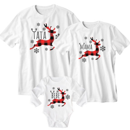 Set de Craciun personalizat, 2 tricouri si un body "Mama, Tata si Bebe Ren", albe, 100% bumbac, XS - XL