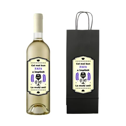 Set personalizat sticla de vin alb, demisec, Sauvignon Blanc, 750 ml si punga de cadouri cu imprimeu Cel mai bun tata a implinit 34 ani
