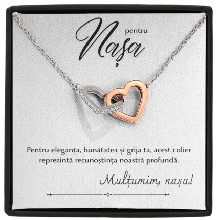 Set Cadou pentru Nasa, Joystos, Colier din Argint 925 si Pandant 2 Inimi Legate Placate cu Aur Alb si Aur Rose 14K, si Card cu Mesajul ”pentru Nasa, Pentru eleganta, bunatatea si grija ta, Multumim Nasa”, Ambalare Inclusa