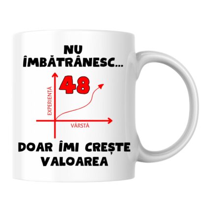 Cana personalizata - Nu imbatranesc, 48 de ani, doar imi creste valoarea, alba, 330 ml
