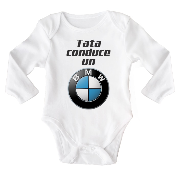 Body bebe, Tata conduce un BMW, 12-18 luni, maneca lunga, bonisa creativ, alb, 100% bumbac