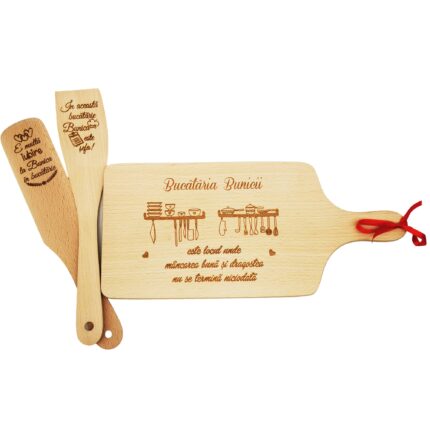 Set de bucatarie personalizat "Bucataria Bunicii", 3 piese - Tocator, Spatula si Paleta de lemn