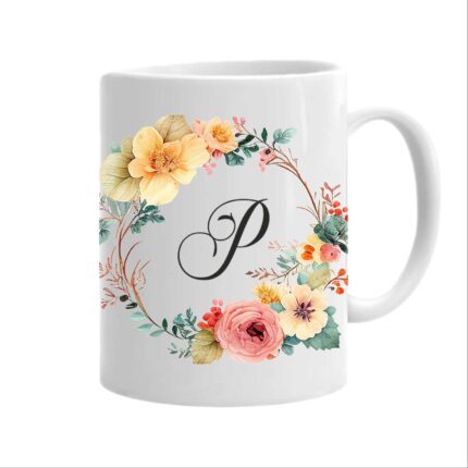 Cana personalizata cu initiala numelui, alba, 350ml, Colectia Flori-Alfabet, litera P