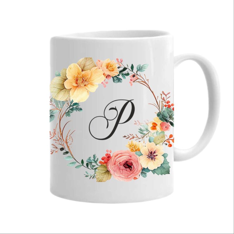 Cana personalizata cu initiala numelui, alba, 350ml, Colectia Flori-Alfabet, litera P