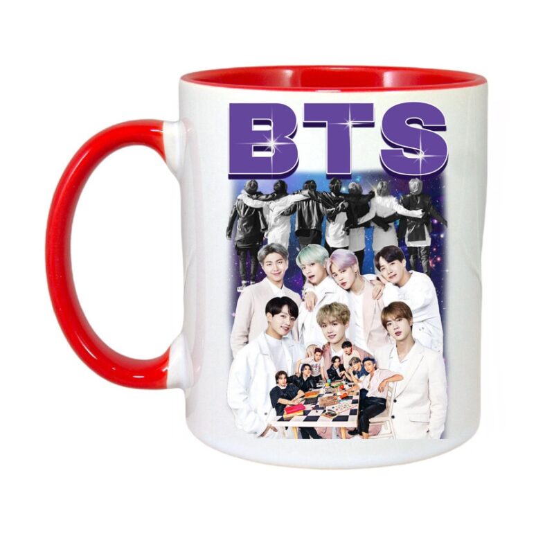 Cana personalizata cu imprimeu BTS Bangtan, Ceramica, 330 ml, Maner si interior Rosu