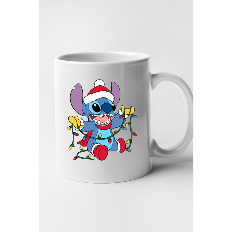 Cana personalizata cu imprimeu, Lilo si Stitch - Editie de Craciun model 11, Ceramica, 330 ml, Maner si interior Alb