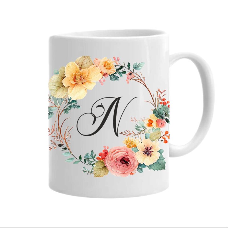 Cana personalizata cu initiala numelui, alba, 350ml, Colectia Flori-Alfabet, litera N