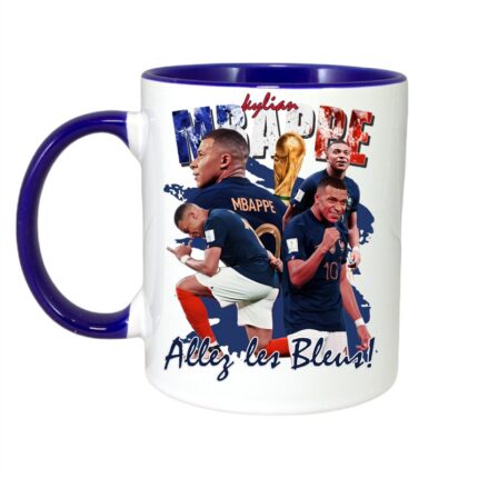 Cana personalizata cu imprimeu Kylian Mbappe, Ceramica, 330 ml, Maner si interior Albastru