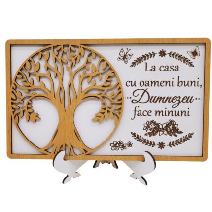 Tablou personalizat cu mesaj pentru Familie, Nasi, Fini, Prieteni, Colegi, Nunta, Logodna, Aniversare casnicie, Onomastica - "La casa cu oameni buni", Lemn, Decupaj si Gravura Laser, 20x13 cm, Rica Dreamart, Model 3