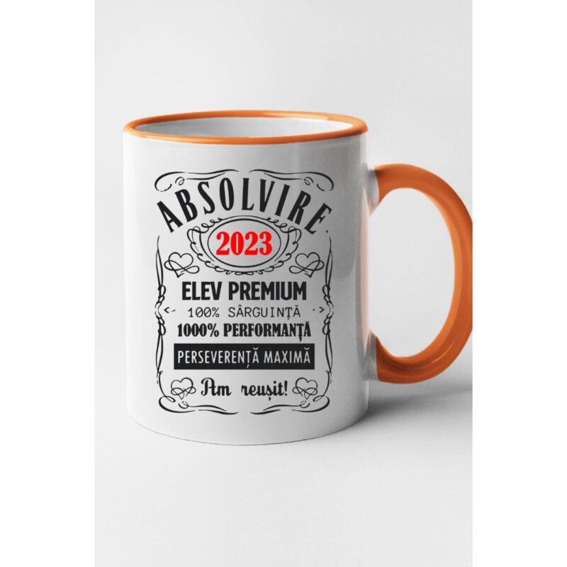 Cana personalizata cu imprimeu Absolvire 2023 elev premium, Ceramica, 330 ml, Maner si interior Portocaliu