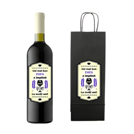 Set personalizat sticla de vin rosu, demisec, Feteasca Neagra, 750 ml si punga de cadouri cu imprimeu Cel mai bun tata a implinit 79 ani