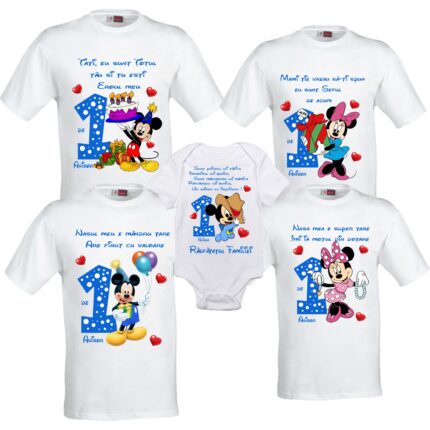 Set 4 tricouri si 1 body personalizate Aniversare 1 an, Taiere Mot, Turta, Mickey Minnie mouse, My Way, CRLA97, Albastru, 100% bumbac, S