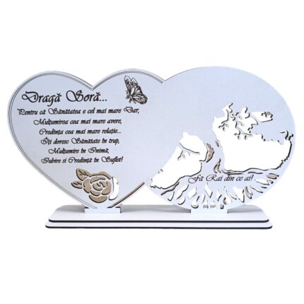 Decoratiune tablou inima, blank pentru licheni stabilizati, personalizat cu mesaj standard pentru sora "Pentru ca sanatatea e cel mai mare Dar...", dimensiune 30x16cm, model 2, alb
