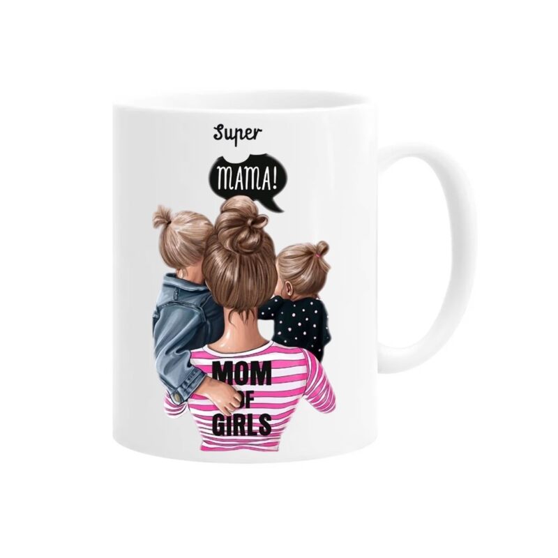 Cana personalizata "super mama, mom of girls", 330ml, alba, ceramica