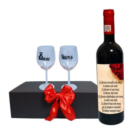 Set cadou Iubit/Sot, Cutie de vin cu sticla si 2 pahare, 35x25cm, Vin Budureasca Clasic, CSVIS014