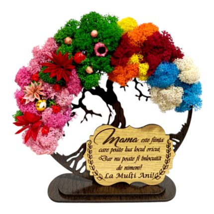 Tablou copacul vietii personalizat cu mesaj standard pentru mama, decorat cu licheni stabilizati, dimensiune 20 cm, model 2, 4 anotimpuri, wenge