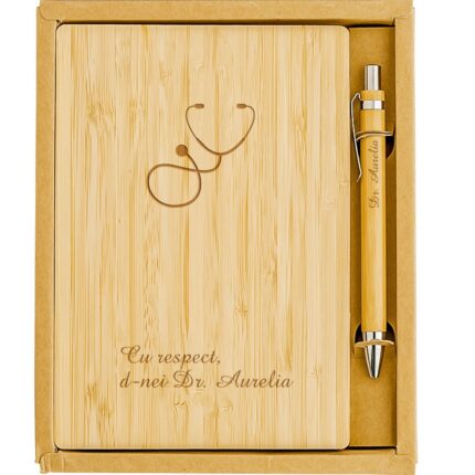 Agenda nedatata A5, Piksel, din lemn de bambus, cu pix, personalizata, cadou doctor