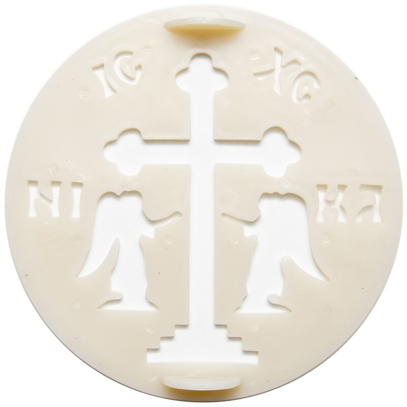 Tipar Cruce cu ingeri, rotund, din plastic, pentru ornat coliva, diametru 23cm