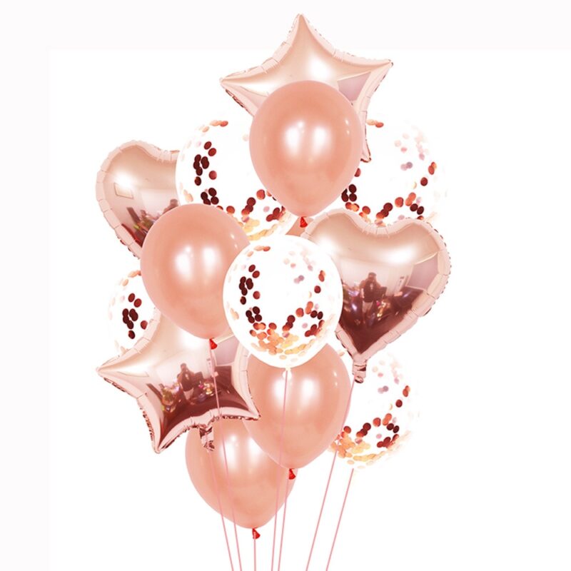 Set 14 balloane aniversare cu confetti, culoare rose gold, 45 cm, It's Party Time