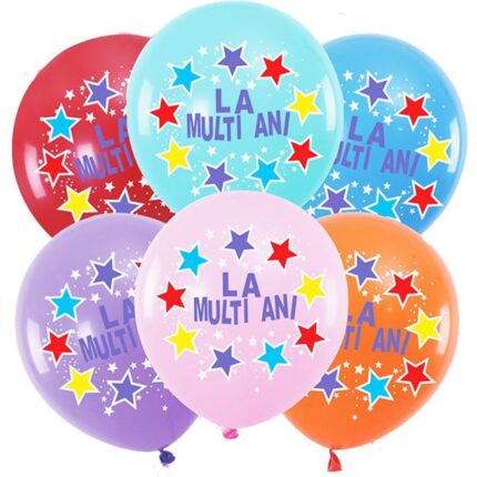 Set 6 baloane latex, imprimate La multi ani cu stelute, 30 cm, multicolor