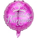 Balon din Folie Metalizata, Flippy, Figurine, Model Princess, Happy Birthday, Tematica Aniversare, 45 cm, Ambalaj Individual, Pai Inclus, Umflare cu Aer sau Heliu, Roz