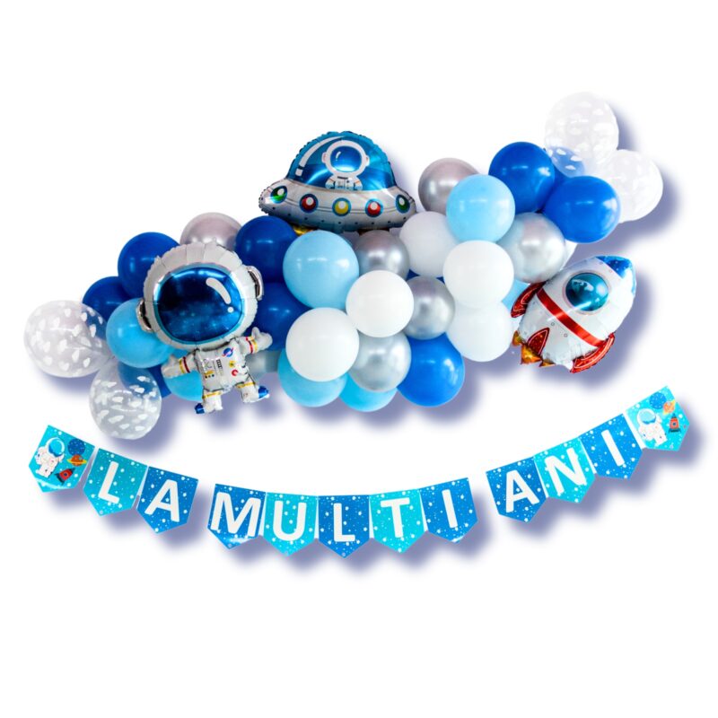 Set Petrecere cu 100 articole, tematica Astronaut, Baloane Multicolor, banner, confetti si alte accesorii tematice incluse