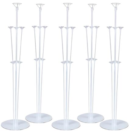 Set 5 suporturi de baloane Promerco®, 7 bete/suport, inaltime 70 cm, alb, ideal pentru aranjamentele de la botez/nunta/aniversari