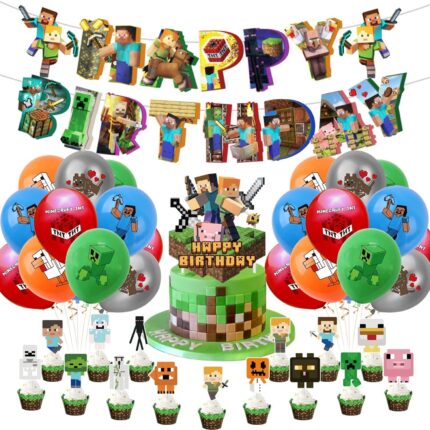 Set 20 baloane copii, Minecraft Aventura, EvrikaUnity®, Petrecere Aniversara, Latex, 1 Banner Happy Birthday, 15 Cupcake Topper, 1 Cake Topper, Multicolor
