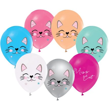 Set 8 baloane latex 30 cm, pisica, multicolor