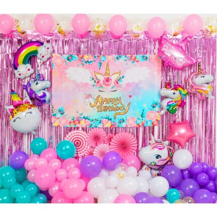 Set baloane si decoratiuni aniversare copii, Simply Joy, La Multi Ani, pentru petrecerea copiilor cu tematica Unicorn, 118 buc, Roz