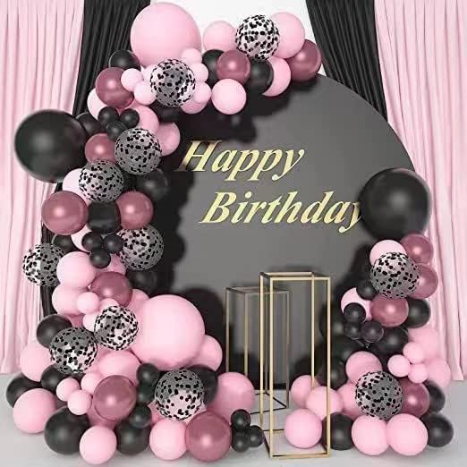 Set baloane si decoratiuni, petrecere aniversare, baloane latex pentru arcada, roz, negru, 133 PCS, TZ-PD0025