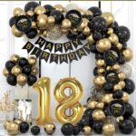 Set 100 buc baloane latex si decoratiuni petrecere aniversara 18 ani, culoare negru si auriu