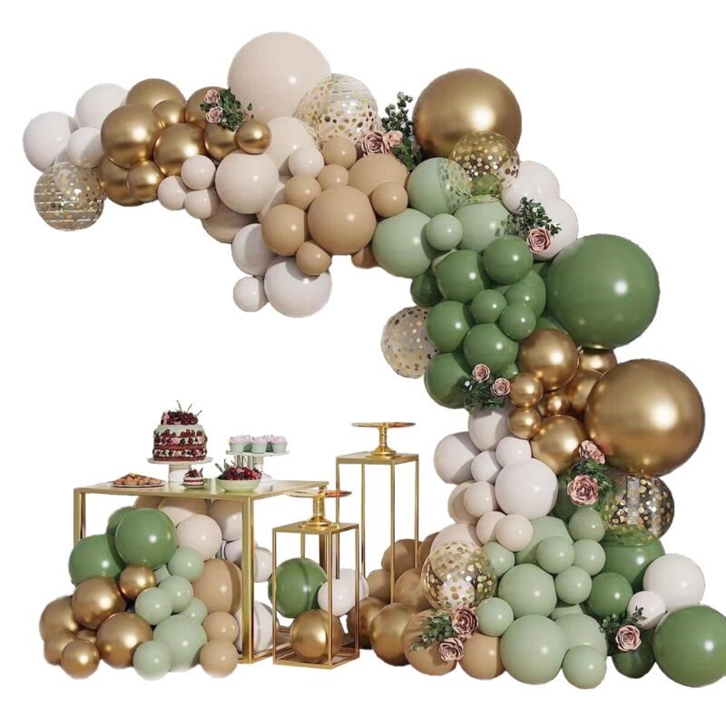 Set Baloane pentru Arc, 117 piese, Latex Rotund, Alb, Verde Inchis, Auriu Metalizat, Tematica Aniversare/Nunta/Baby Shower
